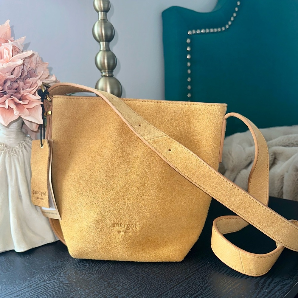 margot Kaye Mini Mustard Suede Bucket Crossbody